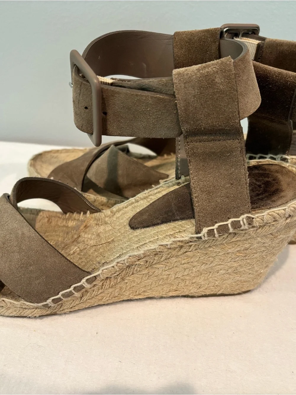 Vince Taupe Suede Espadrille Wedge Sandals